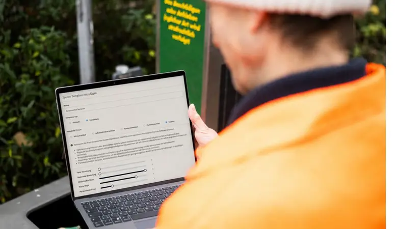 Mitarbeiter der Abfallentsorgung hält Tablet mit BINITY Tour Oberfläche