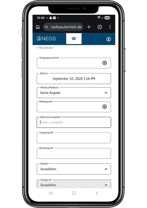 Smartphoneoberfläche mit NEOS Meldeformular